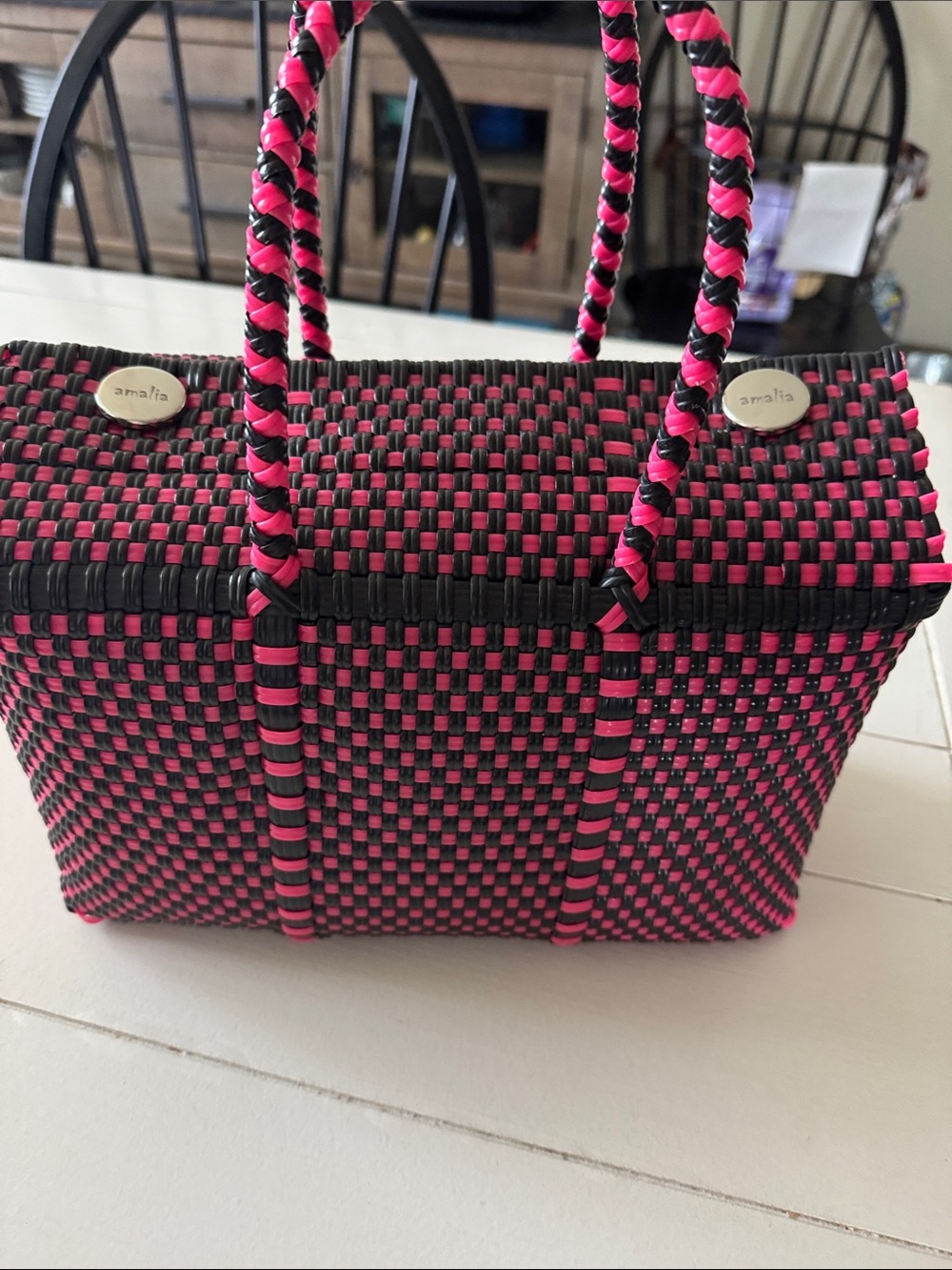 Like new Amalia Pink and Black Woven Tote Bag